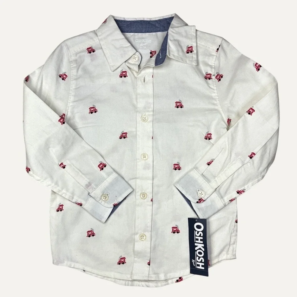 OshKosh B'gosh Toddler Boys White Red Train Print Button Down Shirt 3T NEW